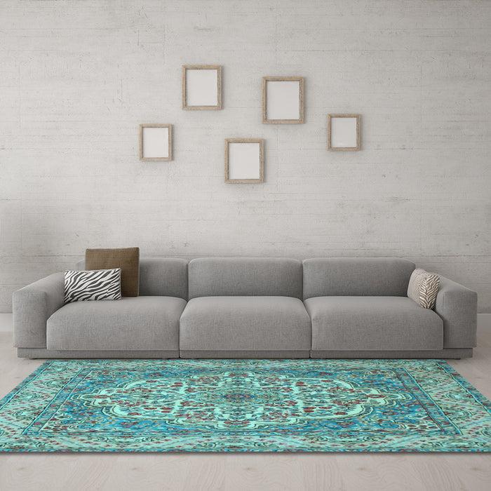 Machine Washable Medallion Light Blue Traditional Rug in a Living Room, wshtr1700lblu