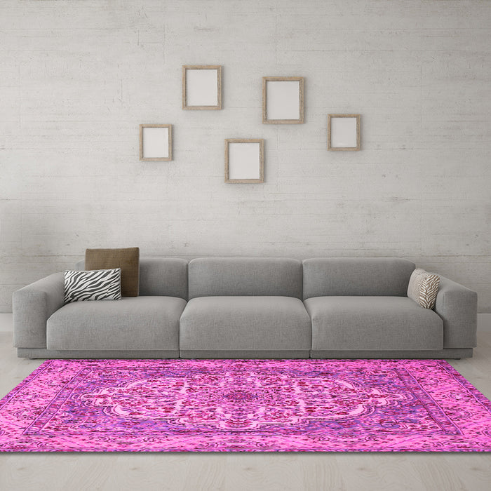 Machine Washable Medallion Pink Traditional Rug in a Living Room, wshtr1700pnk