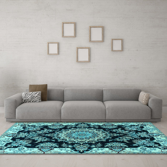 Machine Washable Medallion Light Blue Traditional Rug in a Living Room, wshtr1701lblu