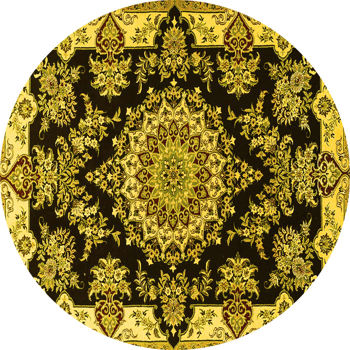 Round Machine Washable Medallion Yellow Traditional Rug, wshtr1701yw