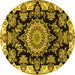 Round Machine Washable Medallion Yellow Traditional Rug, wshtr1701yw