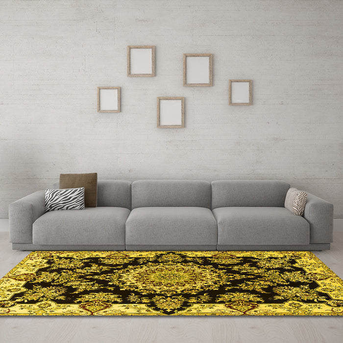 Machine Washable Medallion Yellow Traditional Rug in a Living Room, wshtr1701yw