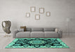 Machine Washable Medallion Turquoise Traditional Area Rugs in a Living Room,, wshtr1701turq