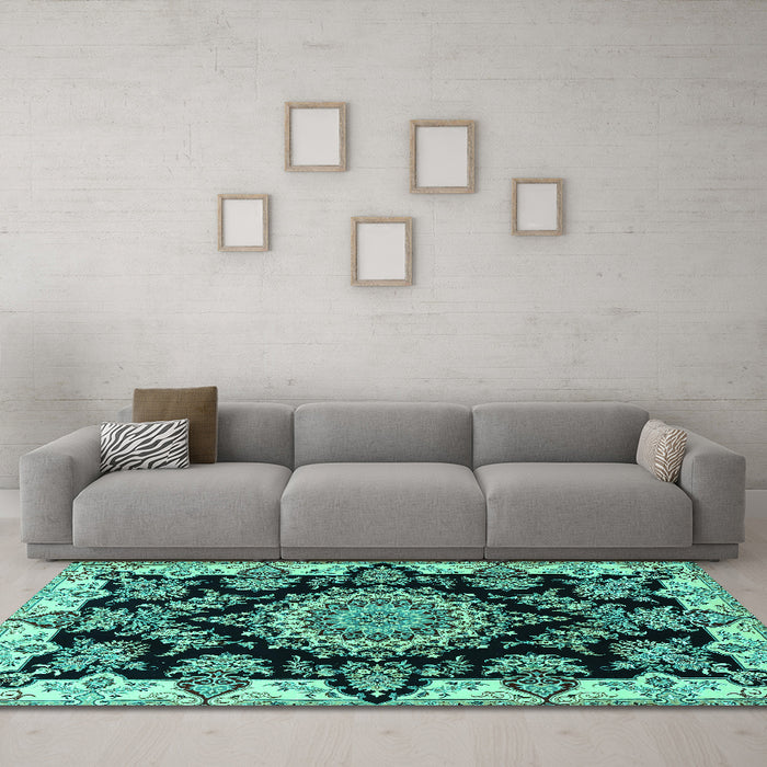 Machine Washable Medallion Turquoise Traditional Area Rugs in a Living Room,, wshtr1701turq