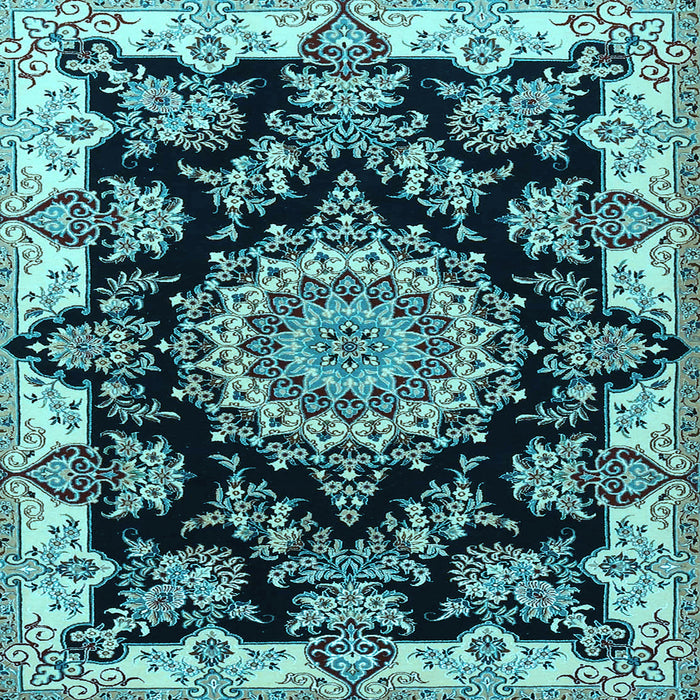 Square Machine Washable Medallion Light Blue Traditional Rug, wshtr1701lblu