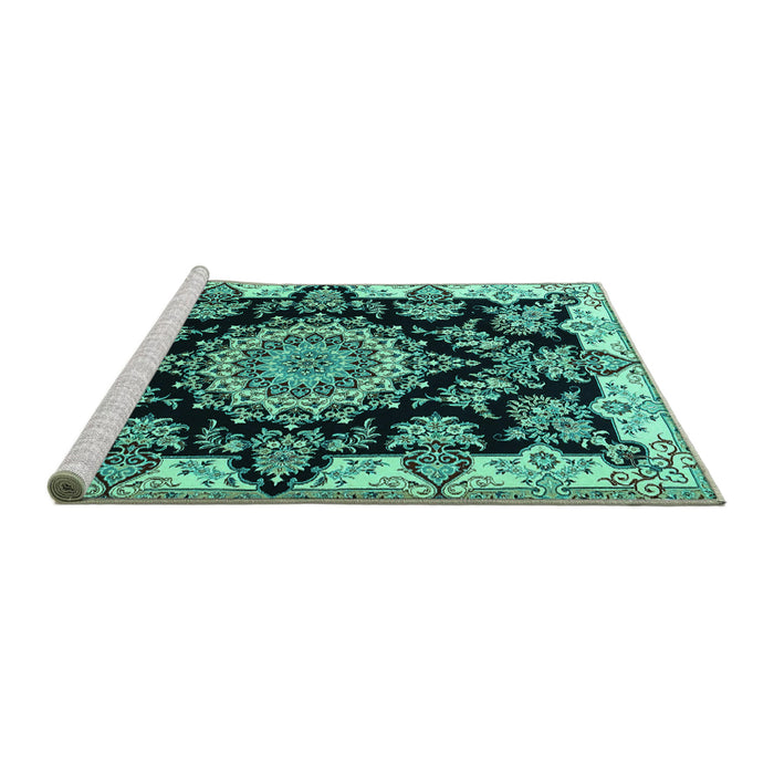 Sideview of Machine Washable Medallion Turquoise Traditional Area Rugs, wshtr1701turq