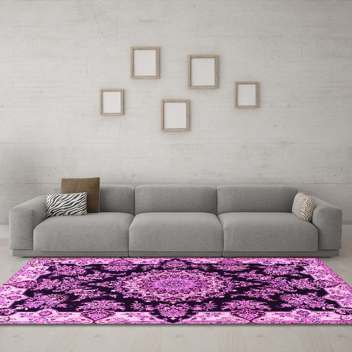 Machine Washable Medallion Pink Traditional Rug in a Living Room, wshtr1701pnk