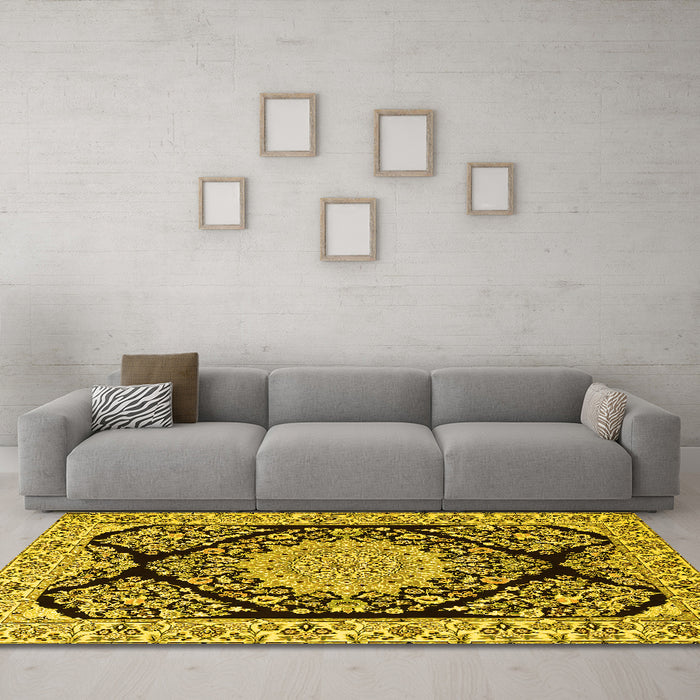 Machine Washable Medallion Yellow Traditional Rug in a Living Room, wshtr1702yw