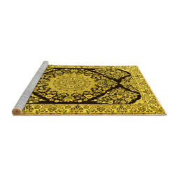 Sideview of Machine Washable Medallion Yellow Traditional Rug, wshtr1702yw