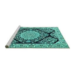 Sideview of Machine Washable Medallion Turquoise Traditional Area Rugs, wshtr1702turq