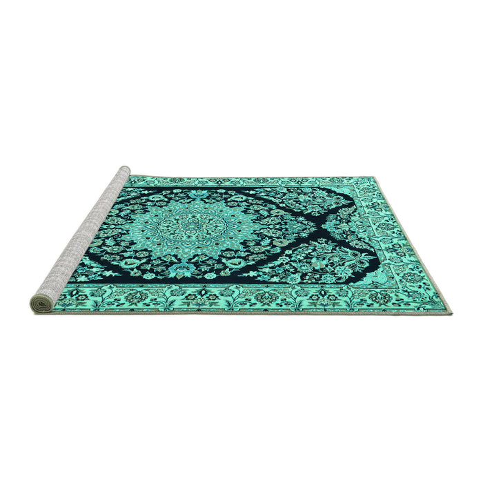 Sideview of Machine Washable Medallion Turquoise Traditional Area Rugs, wshtr1702turq