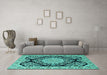 Machine Washable Medallion Turquoise Traditional Area Rugs in a Living Room,, wshtr1702turq