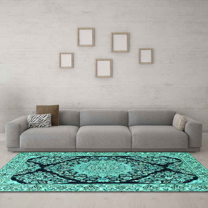 Machine Washable Medallion Turquoise Traditional Area Rugs in a Living Room,, wshtr1702turq