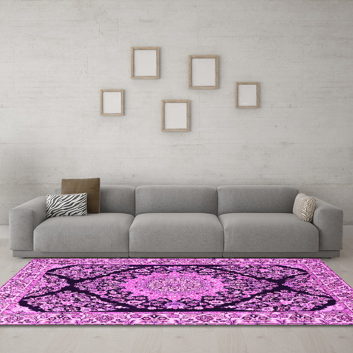 Machine Washable Medallion Pink Traditional Rug in a Living Room, wshtr1702pnk