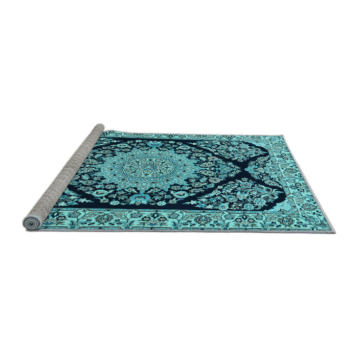 Sideview of Machine Washable Medallion Light Blue Traditional Rug, wshtr1702lblu
