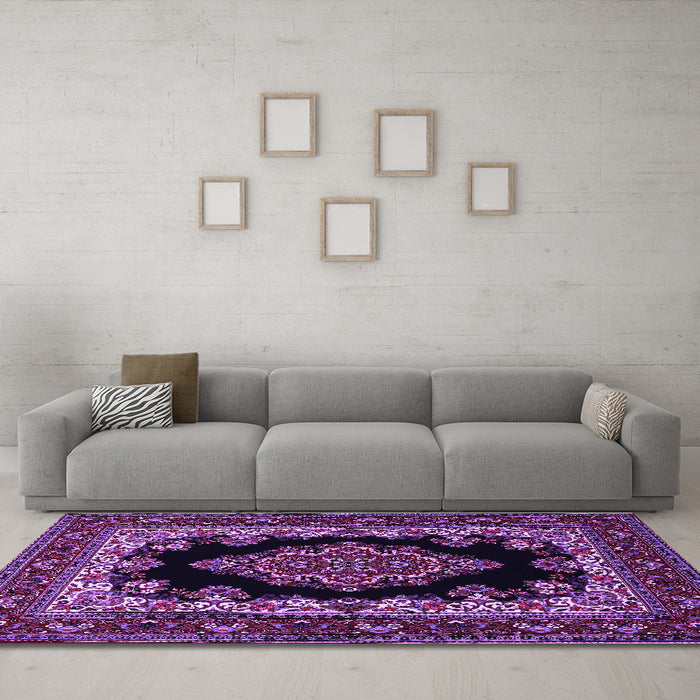 Machine Washable Medallion Purple Traditional Area Rugs in a Living Room, wshtr1703pur