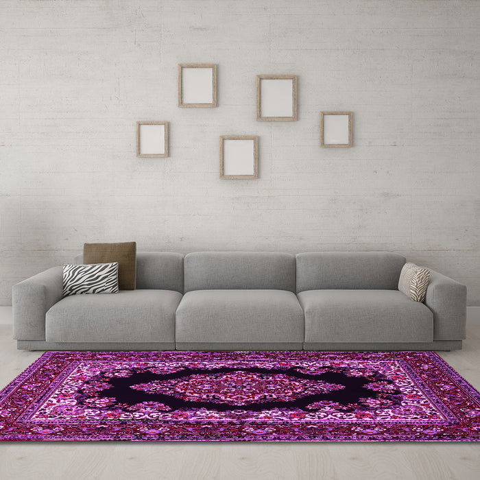 Machine Washable Medallion Pink Traditional Rug in a Living Room, wshtr1703pnk