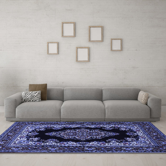 Machine Washable Medallion Blue Traditional Rug in a Living Room, wshtr1703blu