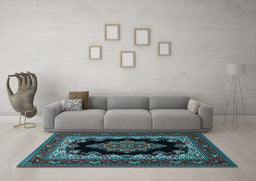 Machine Washable Medallion Light Blue Traditional Rug in a Living Room, wshtr1703lblu