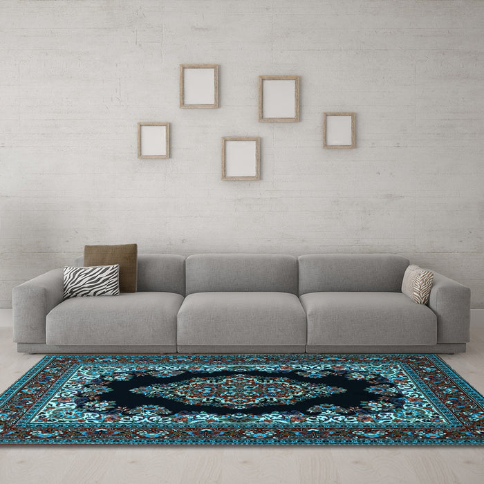 Machine Washable Medallion Light Blue Traditional Rug in a Living Room, wshtr1703lblu