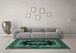 Machine Washable Medallion Turquoise Traditional Area Rugs in a Living Room,, wshtr1703turq