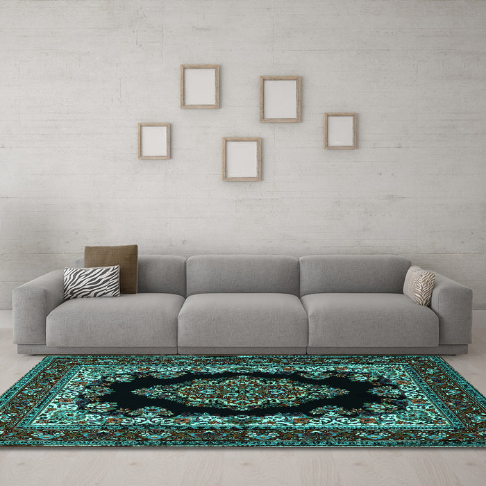 Machine Washable Medallion Turquoise Traditional Area Rugs in a Living Room,, wshtr1703turq