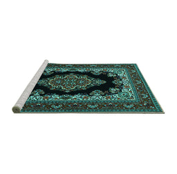 Sideview of Machine Washable Medallion Turquoise Traditional Area Rugs, wshtr1703turq