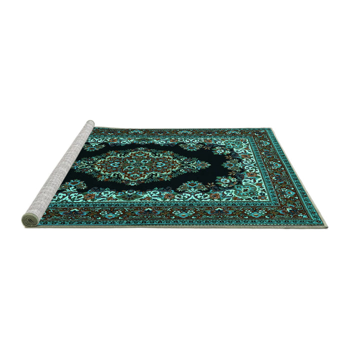 Sideview of Machine Washable Medallion Turquoise Traditional Area Rugs, wshtr1703turq