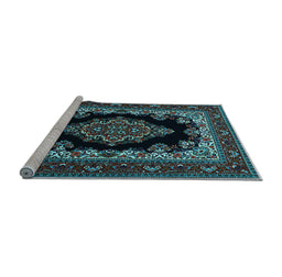 Sideview of Machine Washable Medallion Light Blue Traditional Rug, wshtr1703lblu
