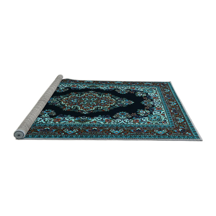 Sideview of Machine Washable Medallion Light Blue Traditional Rug, wshtr1703lblu