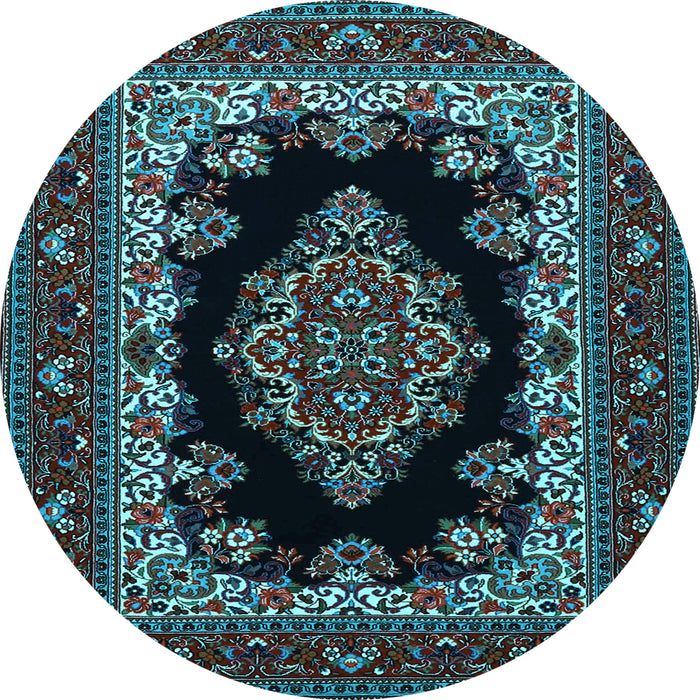 Round Machine Washable Medallion Light Blue Traditional Rug, wshtr1703lblu