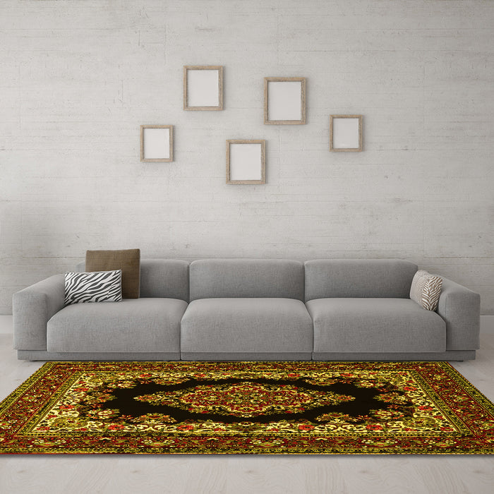 Machine Washable Medallion Yellow Traditional Rug in a Living Room, wshtr1703yw