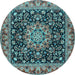 Round Machine Washable Medallion Light Blue Traditional Rug, wshtr1704lblu