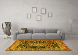 Machine Washable Medallion Yellow Traditional Rug in a Living Room, wshtr1704yw