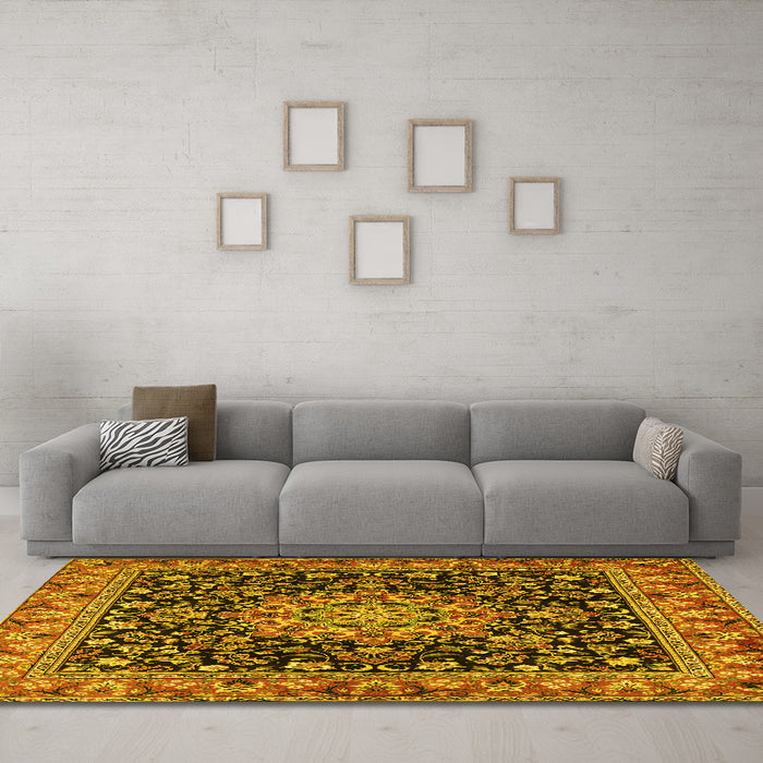Machine Washable Medallion Yellow Traditional Rug in a Living Room, wshtr1704yw