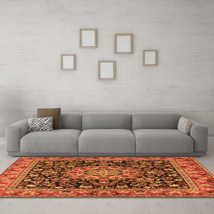 Machine Washable Medallion Orange Traditional Area Rugs in a Living Room, wshtr1704org
