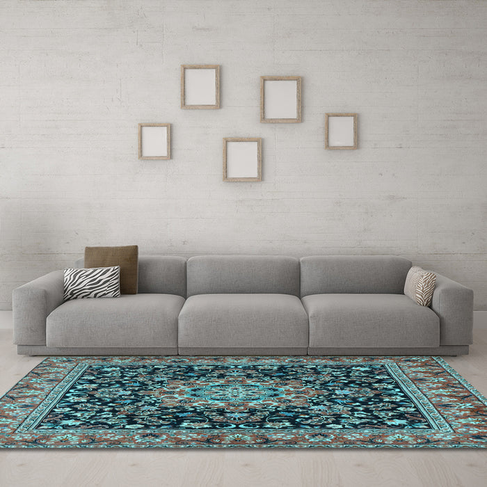 Machine Washable Medallion Light Blue Traditional Rug in a Living Room, wshtr1704lblu