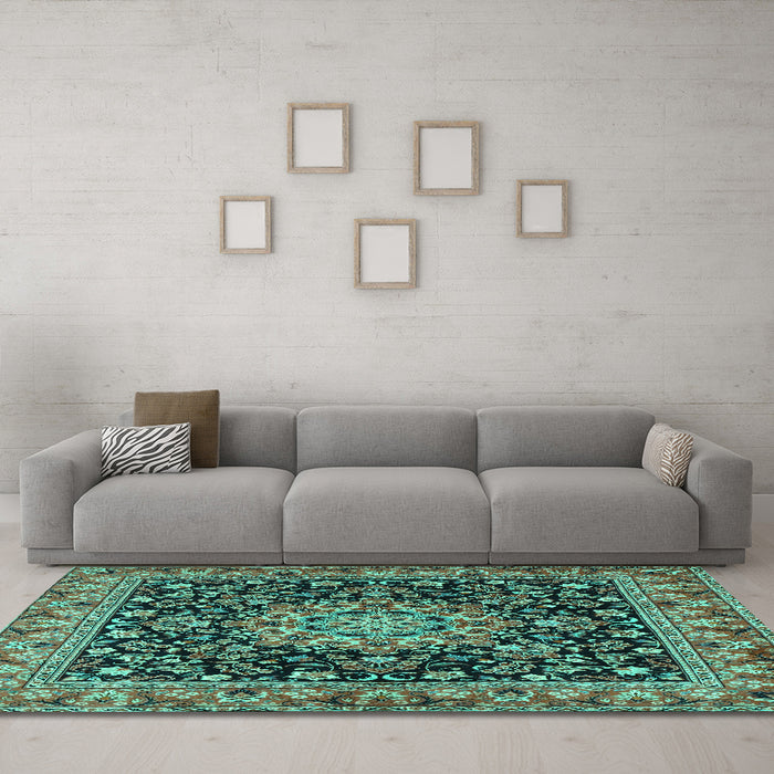 Machine Washable Medallion Turquoise Traditional Area Rugs in a Living Room,, wshtr1704turq