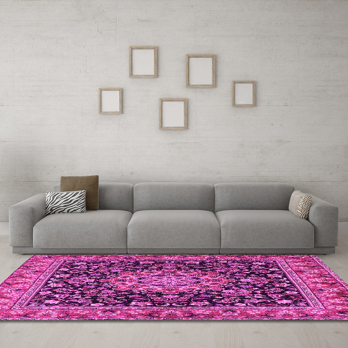 Machine Washable Medallion Pink Traditional Rug in a Living Room, wshtr1704pnk