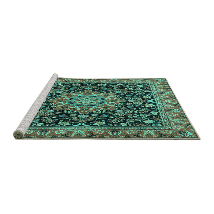 Sideview of Machine Washable Medallion Turquoise Traditional Area Rugs, wshtr1704turq