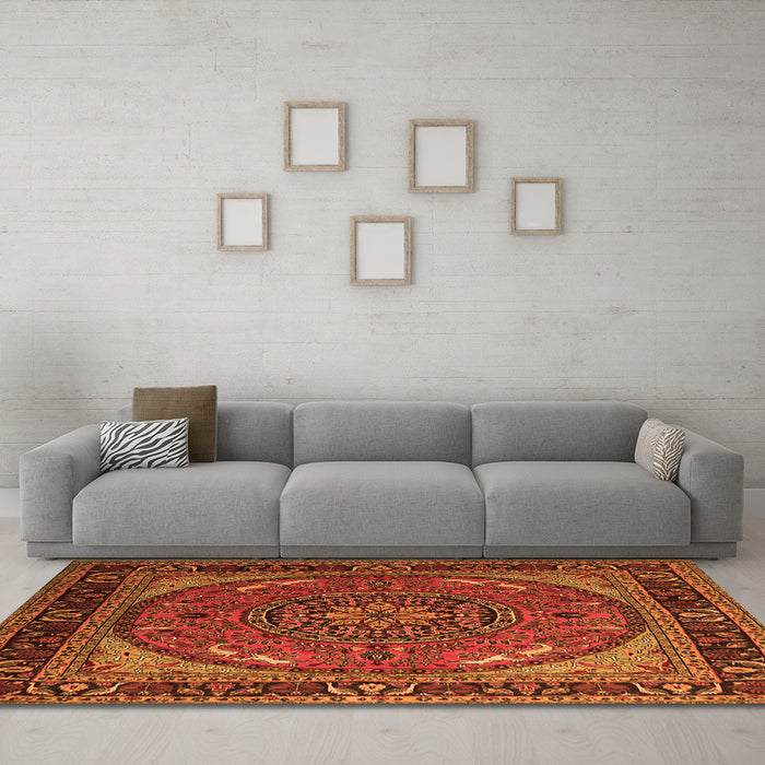 Machine Washable Medallion Orange Traditional Area Rugs in a Living Room, wshtr1705org