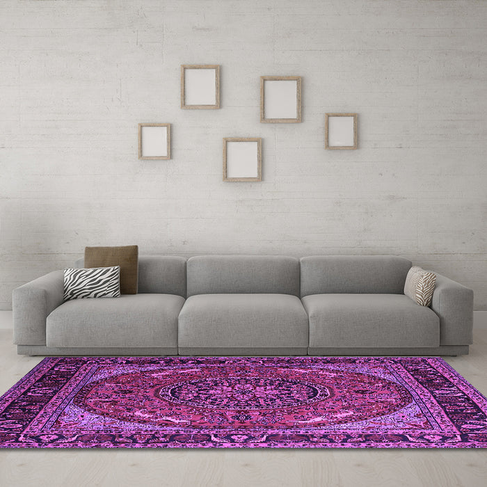 Machine Washable Medallion Purple Traditional Area Rugs in a Living Room, wshtr1705pur