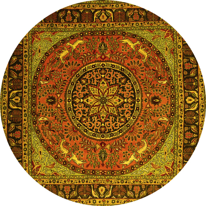 Round Machine Washable Medallion Yellow Traditional Rug, wshtr1705yw