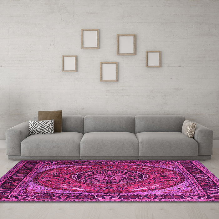 Machine Washable Medallion Pink Traditional Rug in a Living Room, wshtr1705pnk