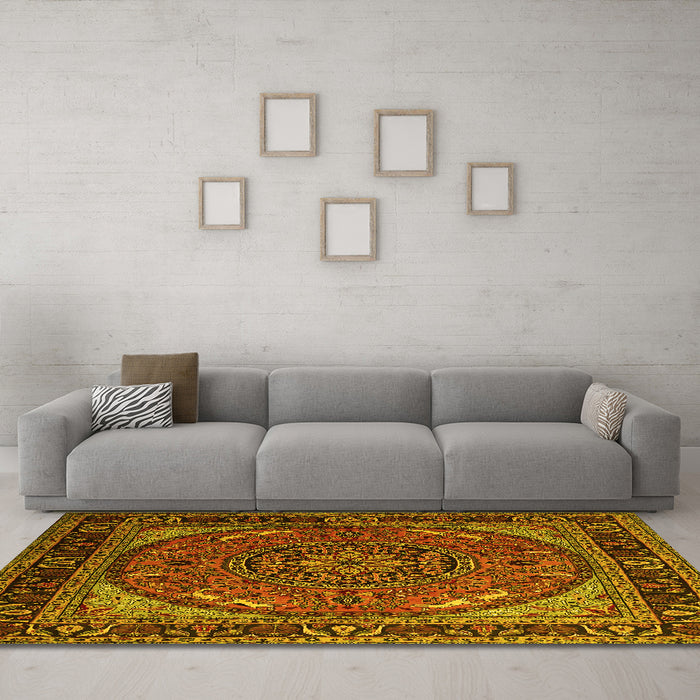 Machine Washable Medallion Yellow Traditional Rug in a Living Room, wshtr1705yw