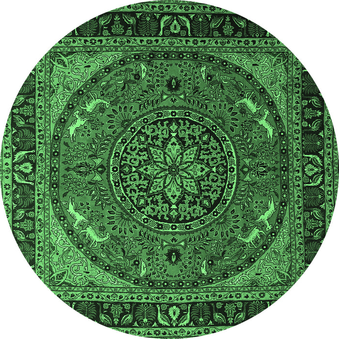 Round Machine Washable Medallion Emerald Green Traditional Area Rugs, wshtr1705emgrn