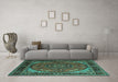 Machine Washable Medallion Turquoise Traditional Area Rugs in a Living Room,, wshtr1705turq