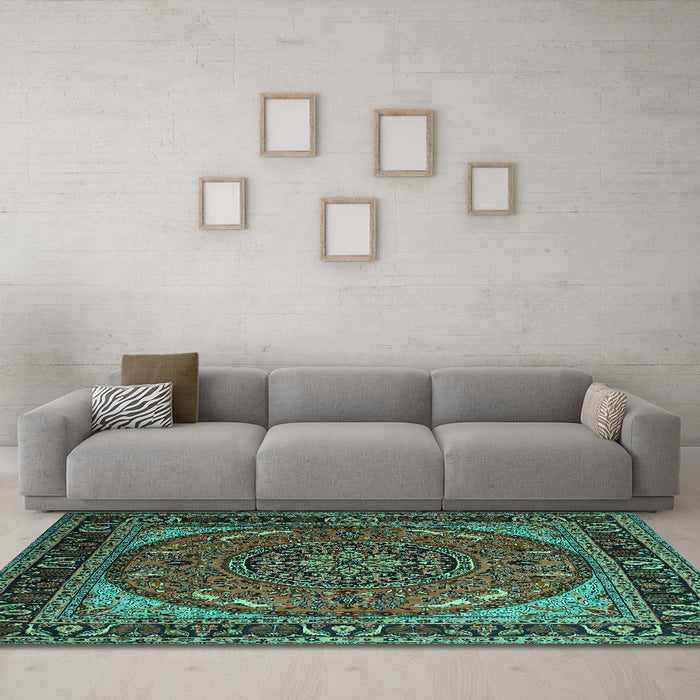 Machine Washable Medallion Turquoise Traditional Area Rugs in a Living Room,, wshtr1705turq