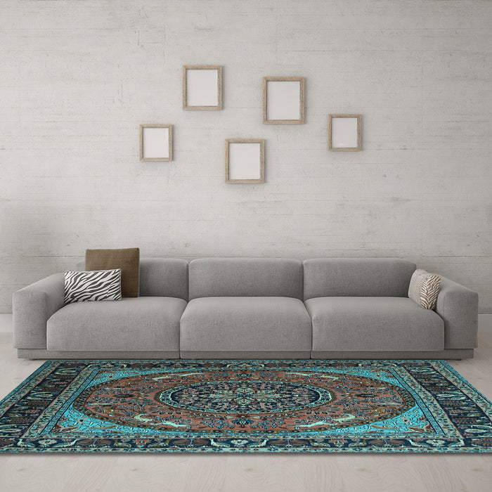 Machine Washable Medallion Light Blue Traditional Rug in a Living Room, wshtr1705lblu