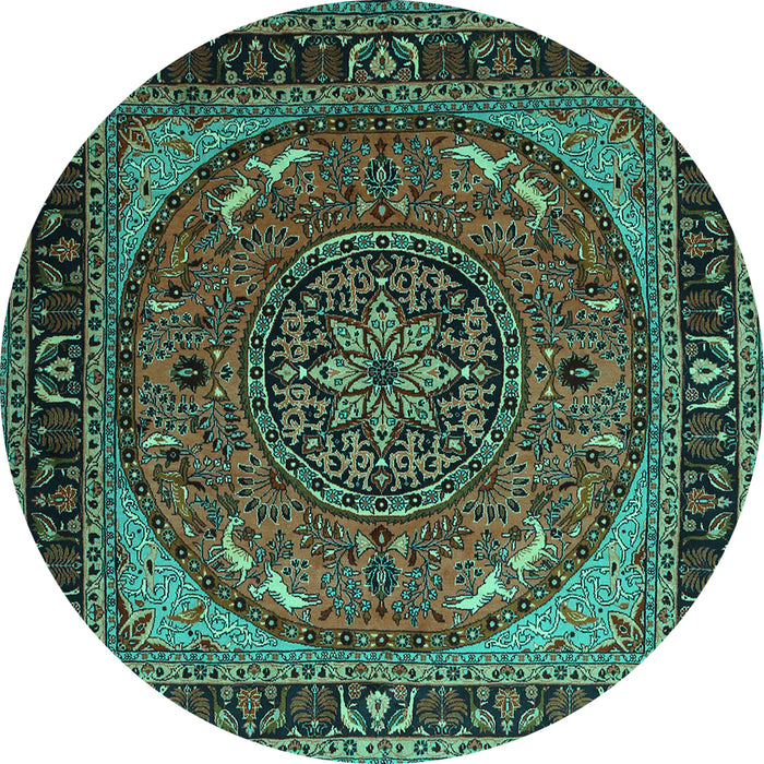 Round Machine Washable Medallion Turquoise Traditional Area Rugs, wshtr1705turq